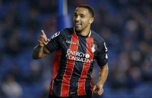 150410, Fotboll, Engelska League Championship, Brighton & Hove Albion - AFC Bournemouth: Football - Brighton & Hove Albion v AFC Bournemouth - Sky Bet Football League Championship - The American Express Community Stadium - 10/4/15 Callum Wilson celebrates after scoring the second goal for Bournemouth Mandatory Credit: Action Images / Andrew Couldridge Livepic EDITORIAL USE ONLY. No use with unauthorized audio, video, data, fixture lists, club/league logos or "live" services. Online in-match use limited to 45 images, no video emulation. No use in betting, games or single club/league/player publications. Please contact your account representative for further details. © Bildbyrn - COP 7 - SWEDEN ONLY