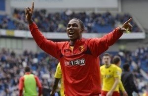 150425, Fotboll, Engelska League Championship, Brighton & Hove Albion - Watford: Football - Brighton & Hove Albion v Watford - Sky Bet Football League Championship - The American Express Community Stadium - 25/4/15 Watford's Odion Ighalo celebrates after the game Mandatory Credit: Action Images / Adam Holt Livepic EDITORIAL USE ONLY. No use with unauthorized audio, video, data, fixture lists, club/league logos or "live" services. Online in-match use limited to 45 images, no video emulation. No use in betting, games or single club/league/player publications.  Please contact your account representative for further details. © Bildbyrn - COP 7 - SWEDEN ONLY