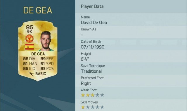David De Gea is one of the Top 10 Premier League Players in FIFA 16