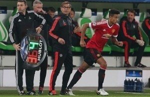 Cameron Borthwick-Jackson of Manchester United comes on to replace injured Matteo Darmian during the UEFA Champions League Group B match between Vfl Wolfsburg and Manchester United played at The Volkswagen Arena, Wolfsburg on 8th December 2015