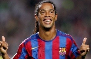 Barcelona's Brazilian soccer player Ronaldinho celebrates the second goal against Real Sociedad during their Spanish League soccer match at Nou Camp Stadium in Barcelona, Spain, October 30, 2005. REUTERS/ Albert Gea