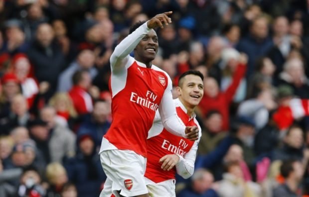 160214, Fotboll, Premier League Football Soccer - Arsenal v Leicester City - Barclays Premier League - Emirates Stadium - 14/2/16 Danny Welbeck celebrates scoring the second goal for Arsenal Reuters / Darren Staples Livepic EDITORIAL USE ONLY. No use with unauthorized audio, video, data, fixture lists, club/league logos or "live" services. Online in-match use limited to 45 images, no video emulation. No use in betting, games or single club/league/player publications. Please contact your account representative for further details. © Bildbyrn - COP 7 - SWEDEN ONLY