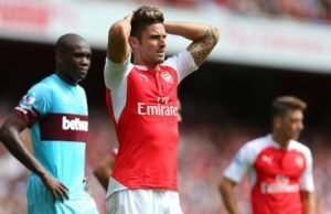 LONDON, ENGLAND - AUGUST 09: Olivier Giroud of Arsenal puts his hands on his head during the Barclays Premier League match between Arsenal and West Ham United at Emirates Stadium on August 9, 2015 in London, England. (Photo by Catherine Ivill - AMA/Getty Images)