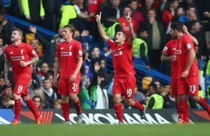 LONDON, ENGLAND - OCTOBER 31:  Philippe Coutinho (3rd L) of Liverpool celebrates scoring his team's second goal during the Barclays Premier League match between Chelsea and Liverpool at Stamford Bridge on October 31, 2015 in London, England.  (Photo by Ian Walton/Getty Images)